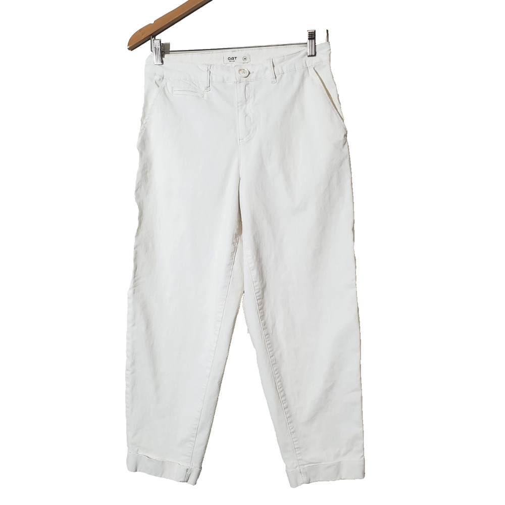 OAT New York Pants‎ Womens 28 BARREL Leg Stretch Pocket Ivory Cotton Tapered Leg